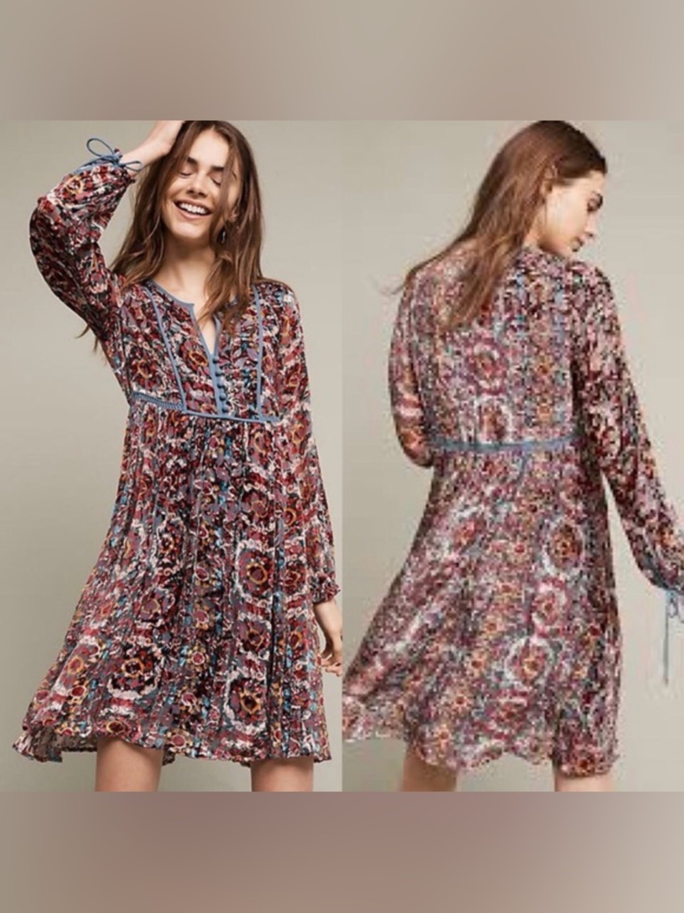 Anthropologie Floreat Abia Long-Sleeve Floral bohemian velvet peasant Dress